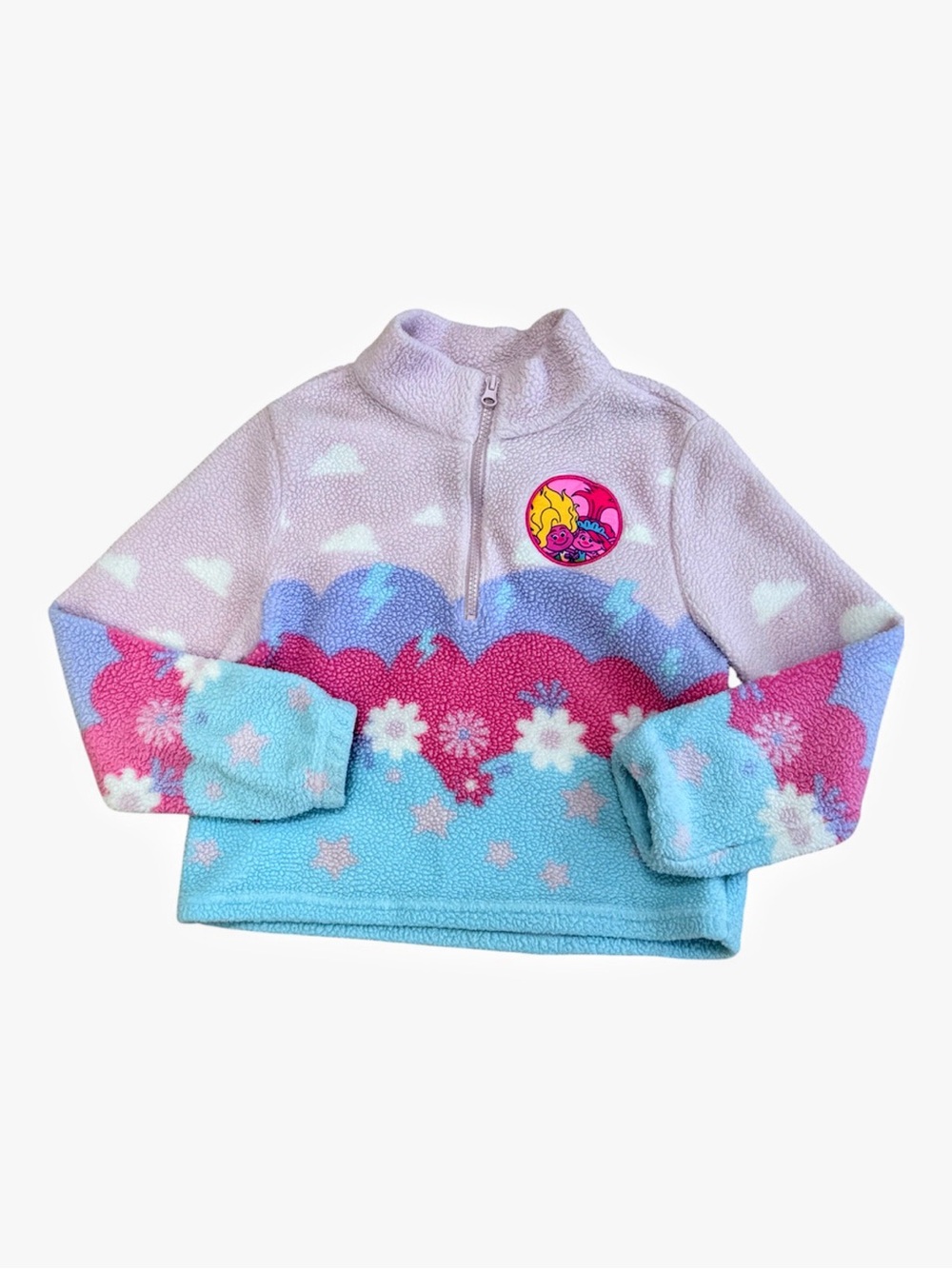 Trolls Fleece Half‑Zip Pullover – Size 8 – Pastel Hearts & Flowers